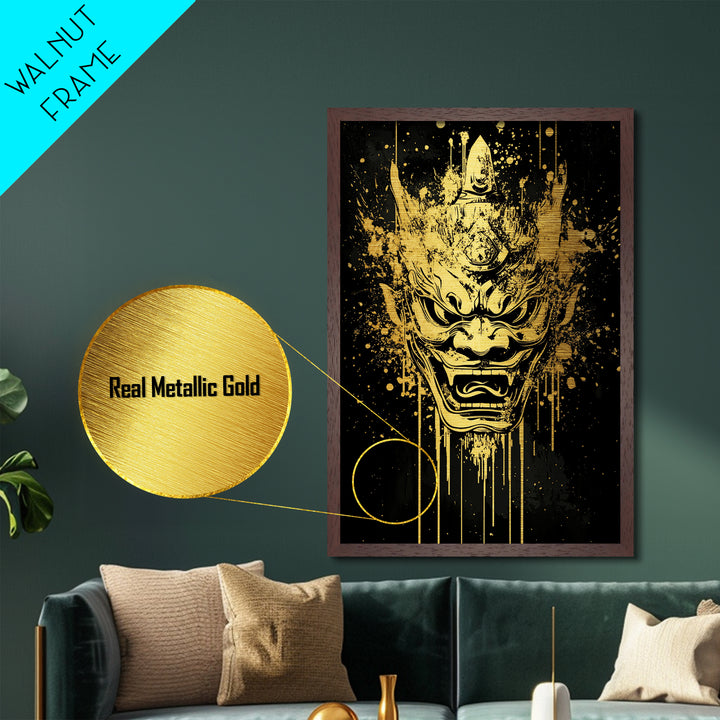 Mythical Demon Splatter Mask, Metallic Gold Metal Print, Bold Wall Art, Real Wood Frame, Fierce Cultural Decor