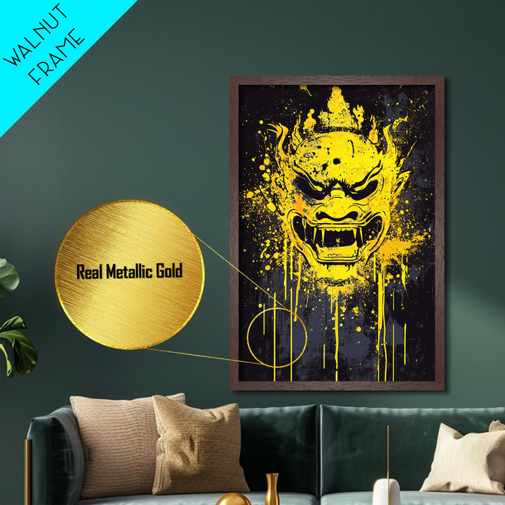 Sacred Mask Splatter Art, Metallic Gold Metal Print, Ethnic Spiritual Wall Decor, Real Wood Frame, Mystical Warrior Artwork