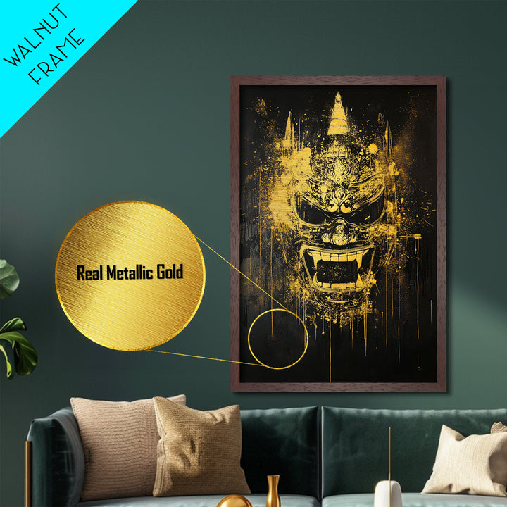 Ornate Splatter Face Mask, Metallic Gold Metal Print, Abstract Cultural Wall Art, Real Wood Frame, Detailed Tribal Artwork
