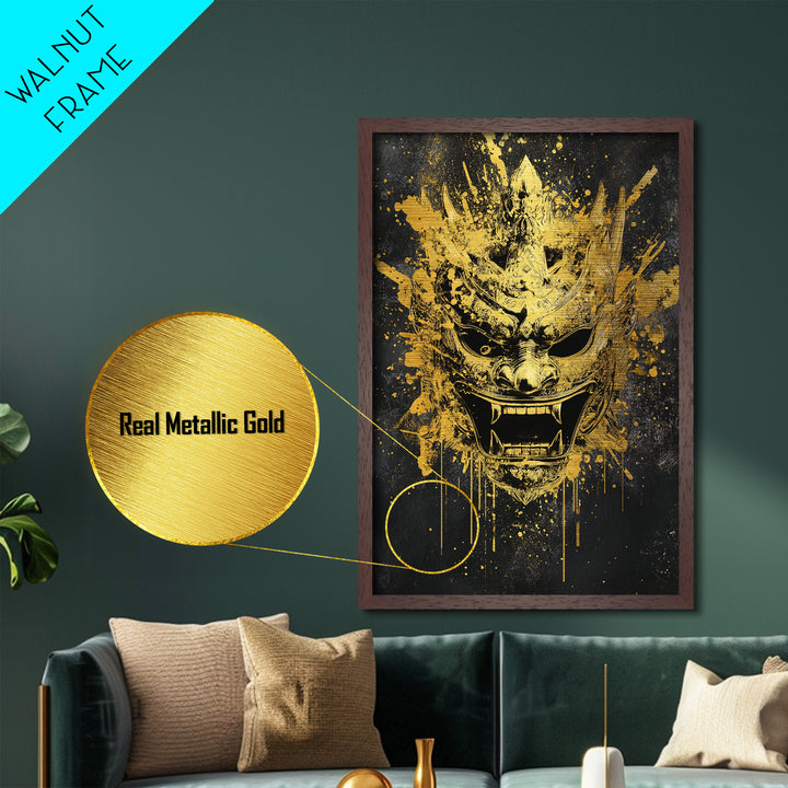 Decorative Tribal Splatter Mask, Metallic Gold Metal Print, Modern Ethnic Wall Decor, Real Wood Frame, Bold Statement Artwork