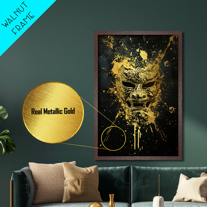 Fierce Demon Mask Metallic Gold Metal Print, Splatter Art Wall Decor, Mythical Wall Art, Real Wood Frame, Tribal Home Accent