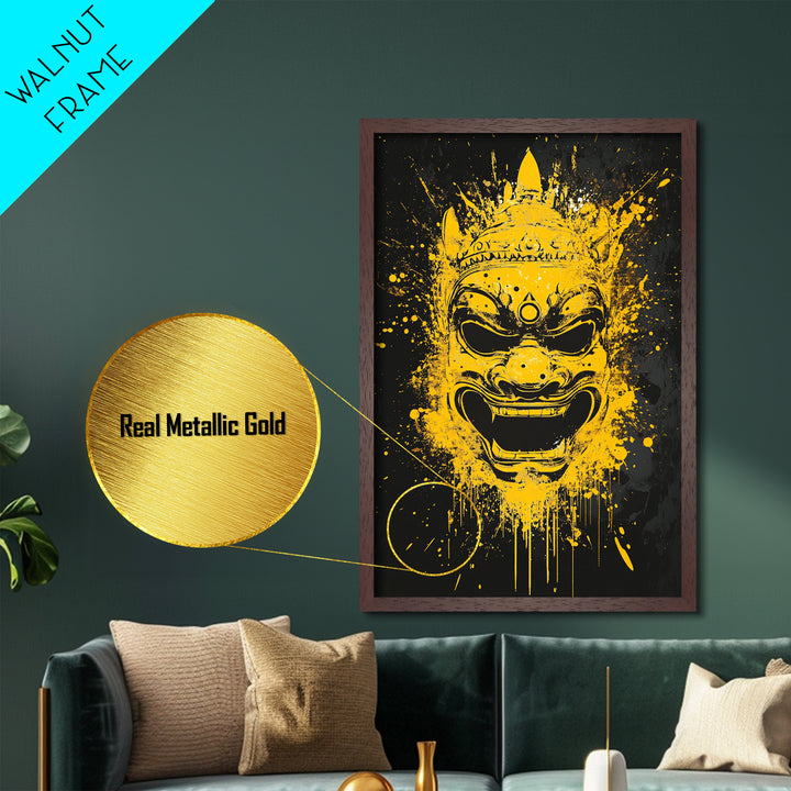 Ancient Warrior Mask Metallic Gold Metal Print, Splatter Style Wall Decor, Bold Wall Art, Real Wood Frame, Mythical Home Accent