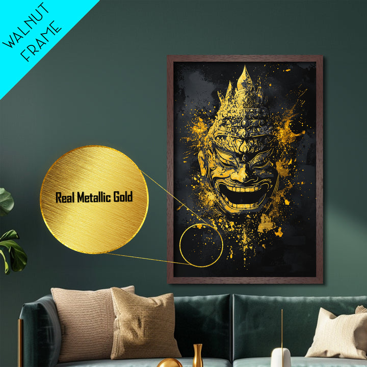 Mythical Demon Mask Metallic Gold Metal Print, Splatter Style Wall Decor, Tribal Inspired Wall Art, Real Wood Frame, Bold Home Accent