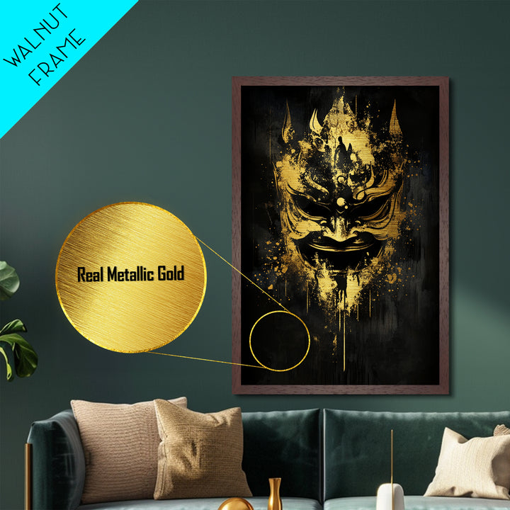 Vibrant Demon Face Metallic Gold Metal Print, Splatter Art Wall Decor, Tribal Mythical Mask, Real Wood Frame, Bold Home Accent