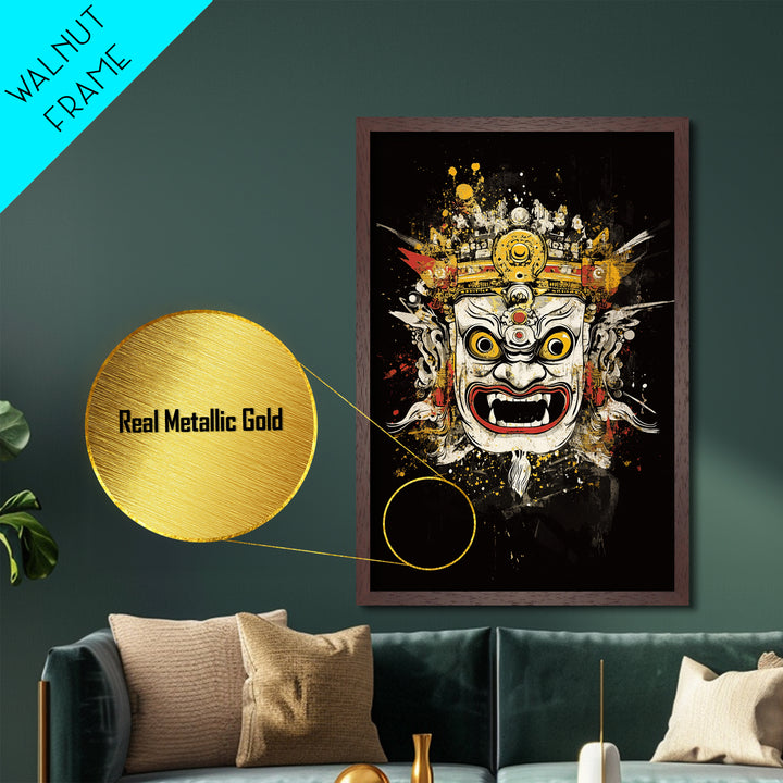 Balinese Mask Metallic Gold Metal Print, Splatter Art Wall Decor, Mythical Cultural Wall Art, Real Wood Frame, Tribal Home Accent
