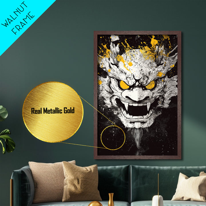Dragon Demon Face Metallic Gold Metal Print, Splatter Style Wall Decor, Fierce Mythical Mask Art, Real Wood Frame, Tribal Home Accent