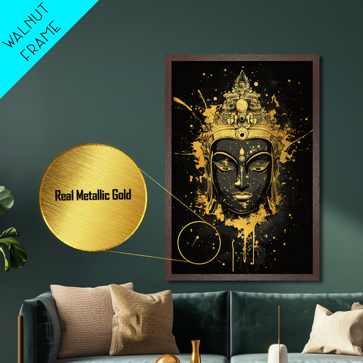 Buddha Head Metallic Gold Metal Print, Sacred Splatter Style Wall Decor, Spiritual Wall Art, Real Wood Frame, Tranquil Home Accent