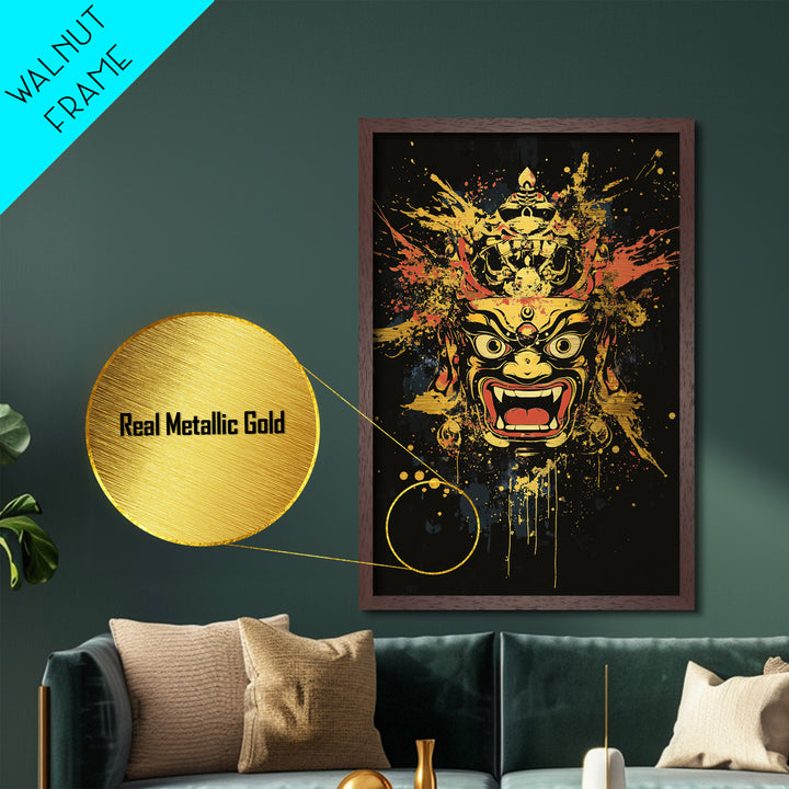 Fierce Mask Metallic Gold Metal Print, Splatter Art Wall Decor, Bold Tribal Mythical Face Art, Real Wood Frame, Statement Home Accent