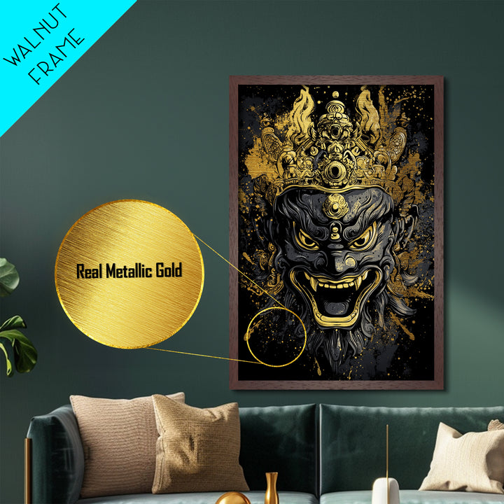 Intricate Demon Mask Metallic Gold Metal Print, Splatter Style Wall Decor, Fierce Mythical Face Art, Real Wood Frame, Tribal Accent