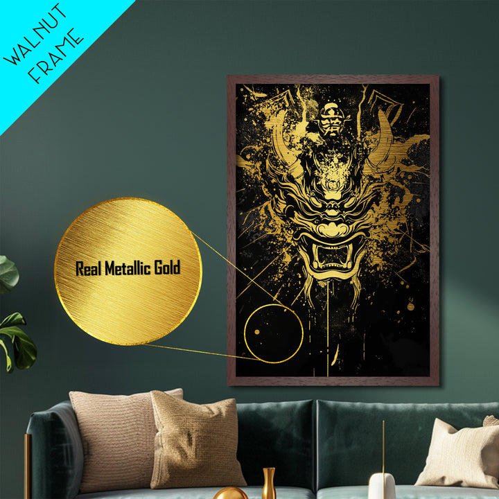 Samurai Demon Mask Metallic Gold Metal Print, Splatter Style Wall Decor, Warrior Inspired Wall Art, Real Wood Frame, Tribal Home Accent