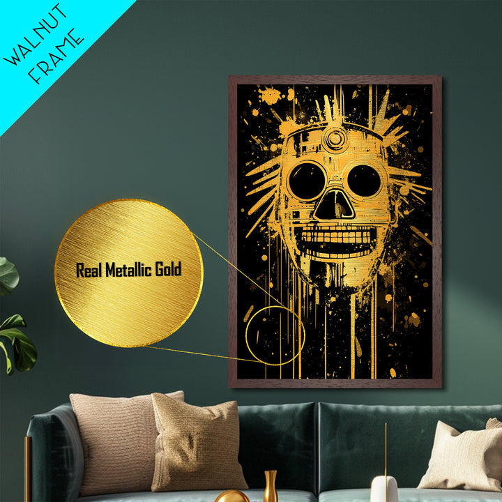 Inca Sun God Mask Metallic Gold Metal Print, Ancient Tribal Wall Art, Splatter Ink Style, Real Wood Frame, Bold Home Decor