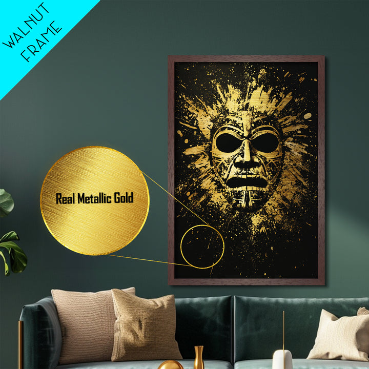 Mayan Ritual Mask Metallic Gold Metal Print, Ancient Tribal Wall Art, Splatter Paint Style, Real Wood Frame, Bold Statement Decor