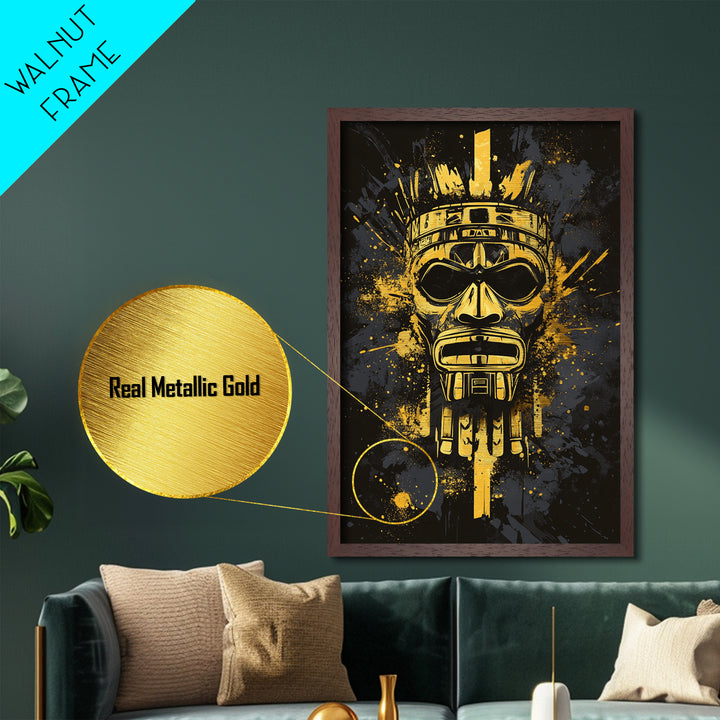 Aztec Chief Mask Metallic Gold Metal Print, Tribal Heritage Wall Art, Splatter Ink Style, Real Wood Frame, Striking Home Accent
