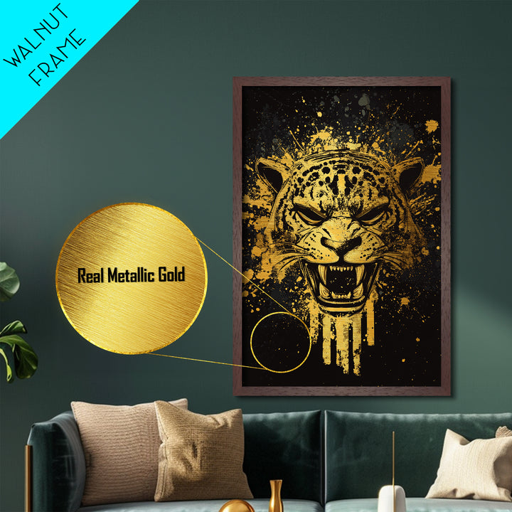 Jaguar Warrior Metallic Gold Metal Print, Aztec Animal Spirit Wall Art, Splatter Ink Style, Real Wood Frame, Fierce Tribal Decor