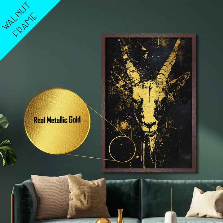 Antelope Spirit Metallic Gold Metal Print, Tribal Wildlife Wall Art, Splatter Style Ink, Real Wood Frame, Minimalist Statement Decor