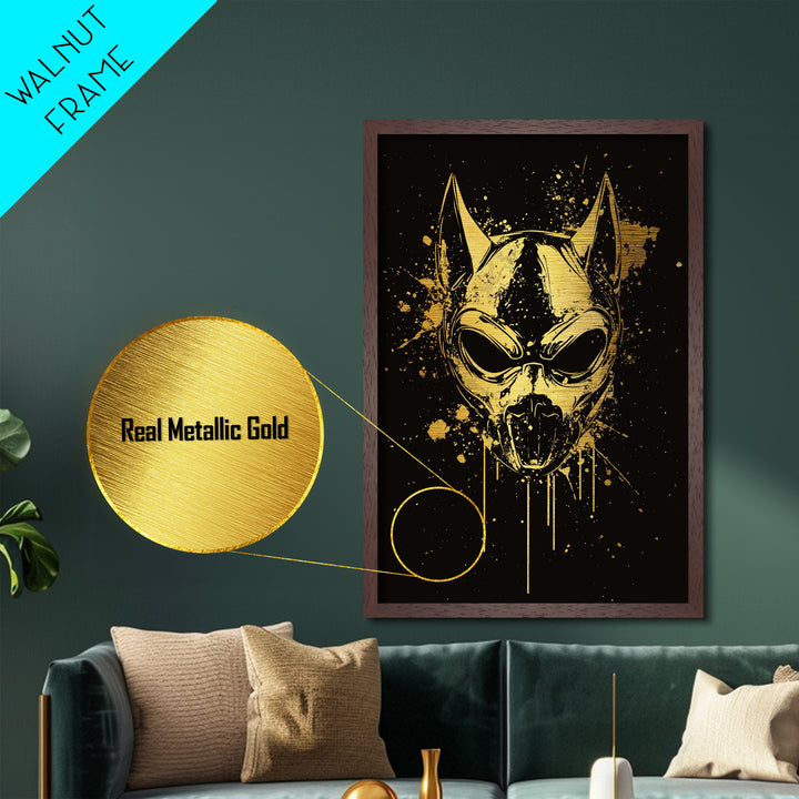 Dog Spirit Mask Metallic Gold Metal Print, Tribal Guardian Wall Art, Splatter Style Ink, Real Wood Frame, Fierce Bold Home Decor