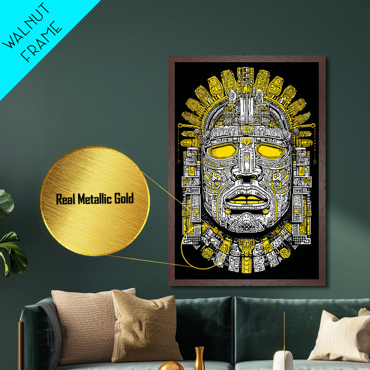 Aztec Sun Mask Metallic Gold Metal Print, Bold Tribal Face Artwork, Ancient Splatter Style Wall Decor, Real Wood Frame