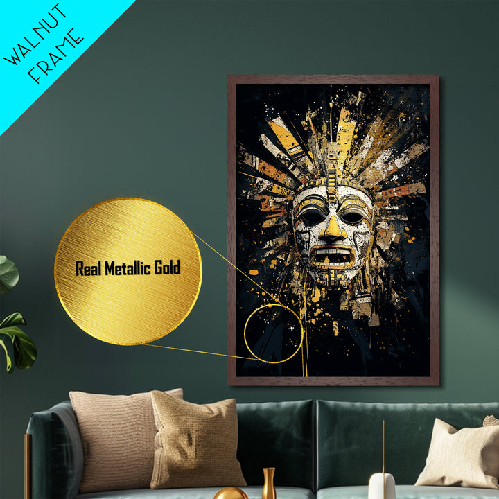 Aztec Feather Headdress Metallic Gold Metal Print, Ornate Tribal Face Artwork, Mythic Wall Decor, Real Wood Frame