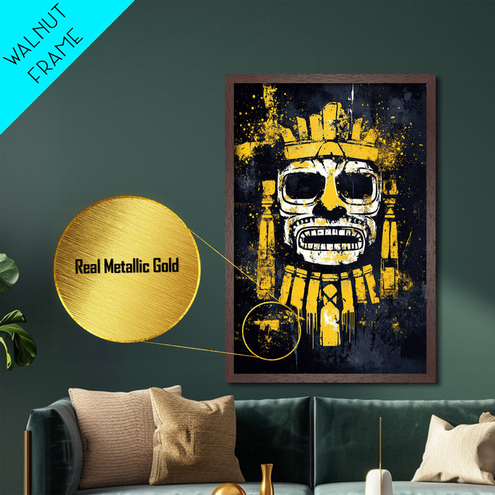 Aztec Feathered Warrior Metallic Gold Metal Print, Ornate Tribal Face Artwork, Ancient Wall Decor, Real Wood Frame