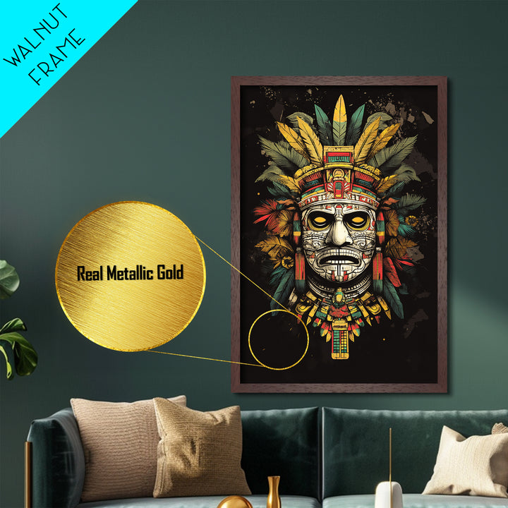 Aztec Sun God Mask Metallic Gold Metal Print, Ornate Tribal Face Artwork, Ancient Mythic Wall Hanging Decor, Real Wood Frame