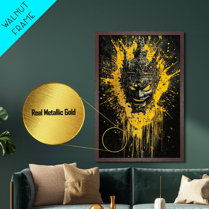 Tribal Mask Metallic Gold Metal Print, Modern Splatter Art, Cultural Wall Decor, Bold Tribal Artwork, Real Wood Framed