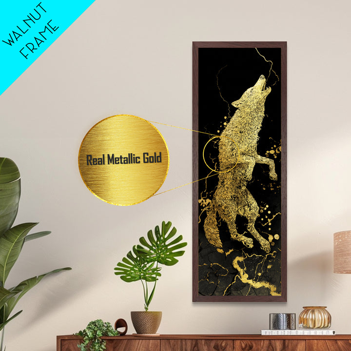 Wolf Fenrir Norse Mythology Metallic Gold Art Metal Art, Viking Office Wall Decor for Men, framed in natural real wood
