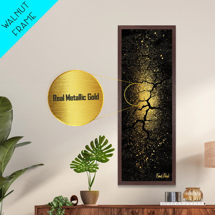 Cracked Earth Norse Ragnarok Metallic Gold Art Metal Art, Nordic Mythology Abstract Wall Decor, framed in handcrafted wood