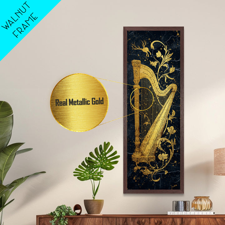 Golden Harp Nordic Wall Art, Wood Framed Metal Art, Metallic Gold Art, Gold Leaf, Gold Foil Art