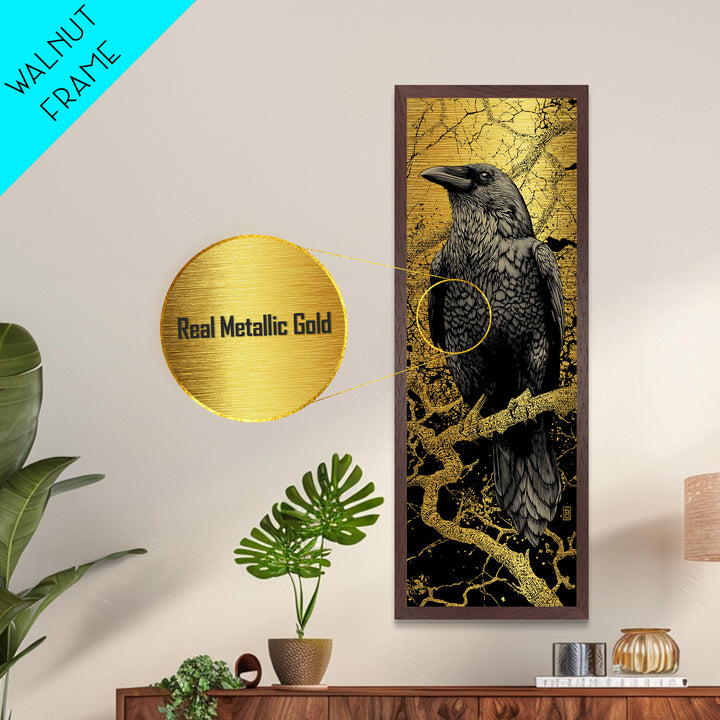 Hugin Raven Metallic Gold Art Metal Art | Nordic Mythology Wall Decor of Odin’s Raven | Viking Office Art Framed in Natural Wood