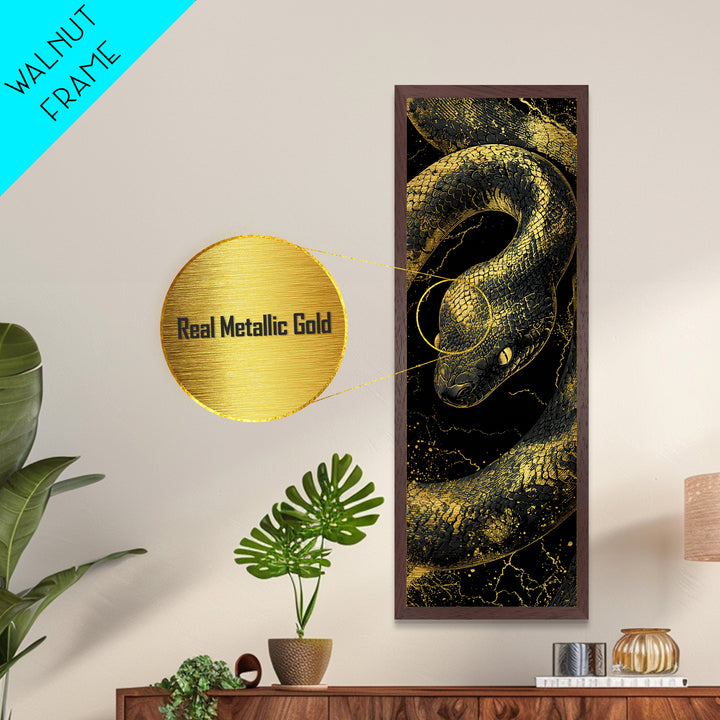 Nordic Snake Metallic Gold Art Metal Art | Viking Mythology Inspired Serpent Wall Decor | Man Cave or Dad Gift Framed in Real Wood