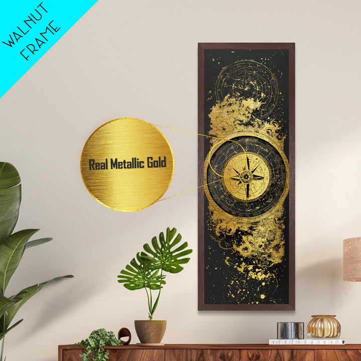 Golden Compass Nordic Wall Art, Wood Framed Metal Art, Metallic Gold Art, Gold Leaf, Gold Foil Art