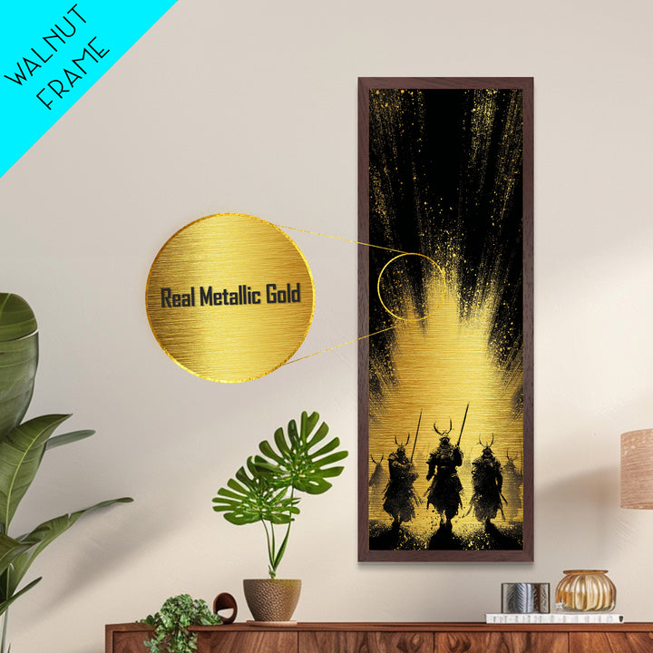 Norse Mythology Metallic Gold Art of Einherjar Warriors, Viking Metal Art for Dad Gift or Office Art, Nordic Battle Scene Framed in Natural Wood