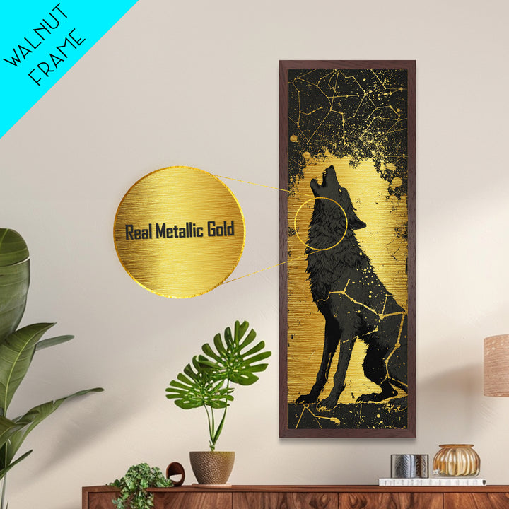 Fenrir Wolf Metallic Gold Art, Norse Mythology Metal Art Depicting Legendary Wolf, Viking Office Art or Man Cave Decor with Real Wood Framing