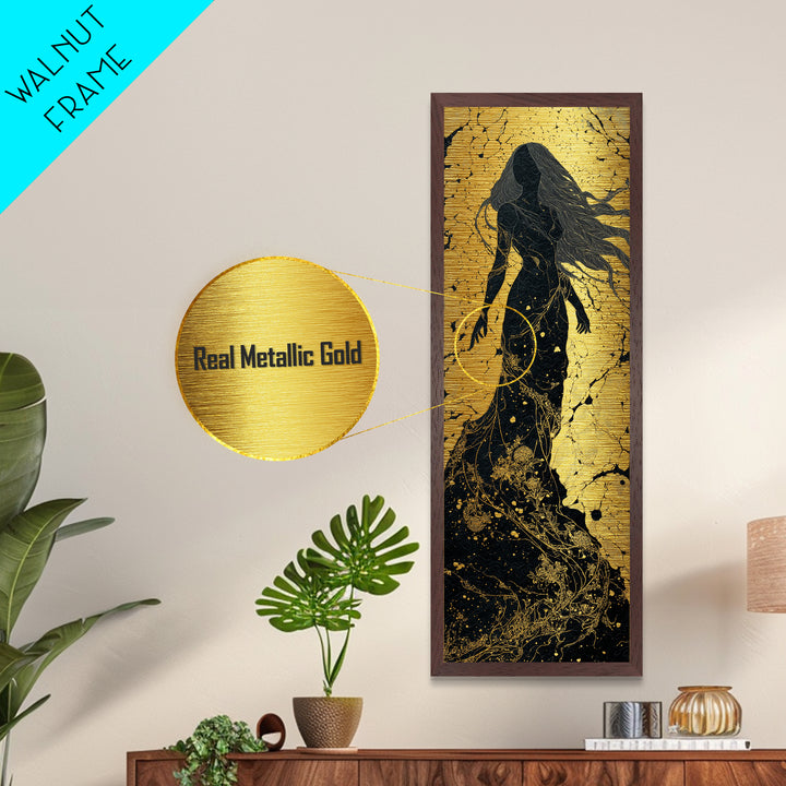 Freyja Goddess Metallic Gold Art, Norse Mythology Metal Art Featuring Viking Goddess of Love, Man Cave or Office Art Beautifully Framed in Wood