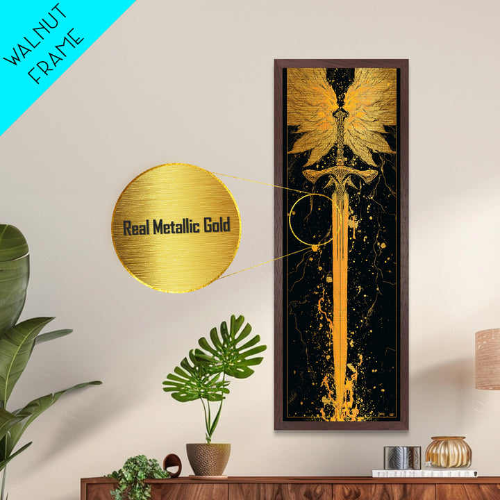 Norse Viking Sword Metallic Gold Art, Nordic Mythology Metal Art Featuring Golden Weapon, Man Cave Office Wall Decor with Elegant Natural Wood Frame
