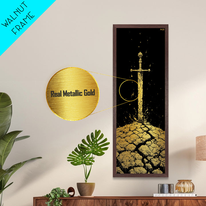 Sword of the North Metallic Gold Art – Viking Mythology Metal Art for Man Cave or Office, framed in natural real wood