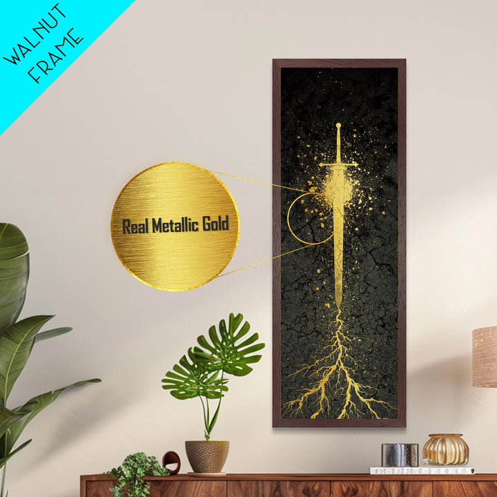 Metallic Gold Art of Runic Viking Sword – Nordic Mythology Metal Art, Norse Decor with real wood frame, perfect Dad Gift