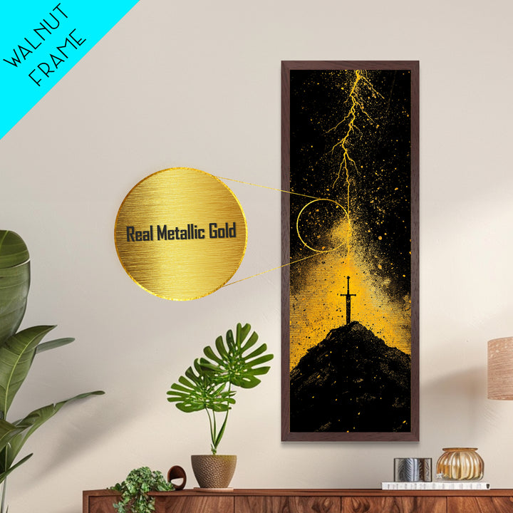 Metal Art Norse Sword of Power – Metallic Gold Art inspired by Viking legends, wall décor framed in authentic real wood