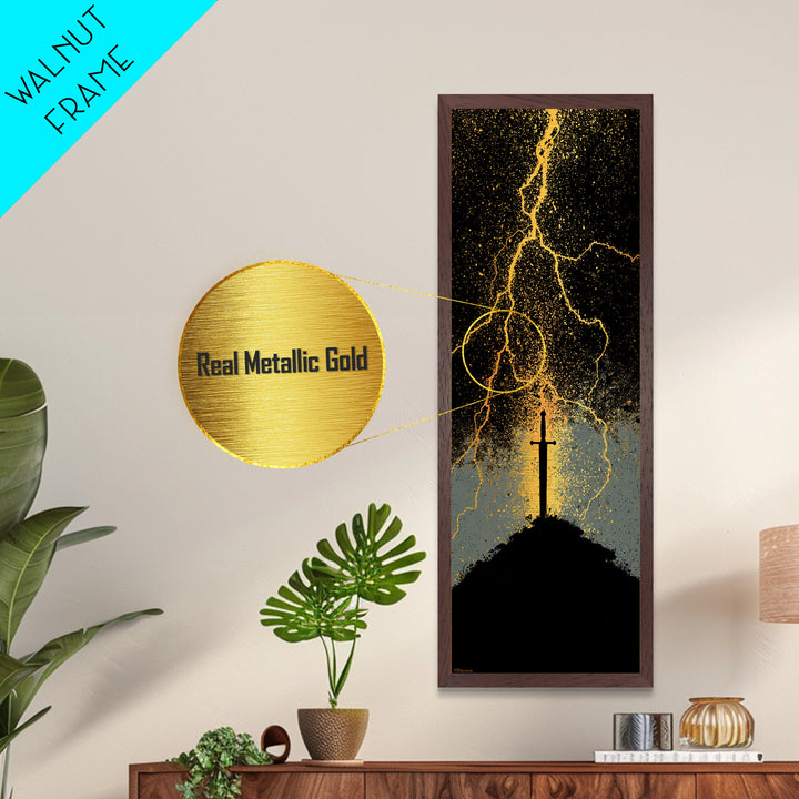 Mythic Norse Sword Metallic Gold Art – Viking-inspired Metal Art, perfect Man Cave Art or Office Gift, framed in natural wood