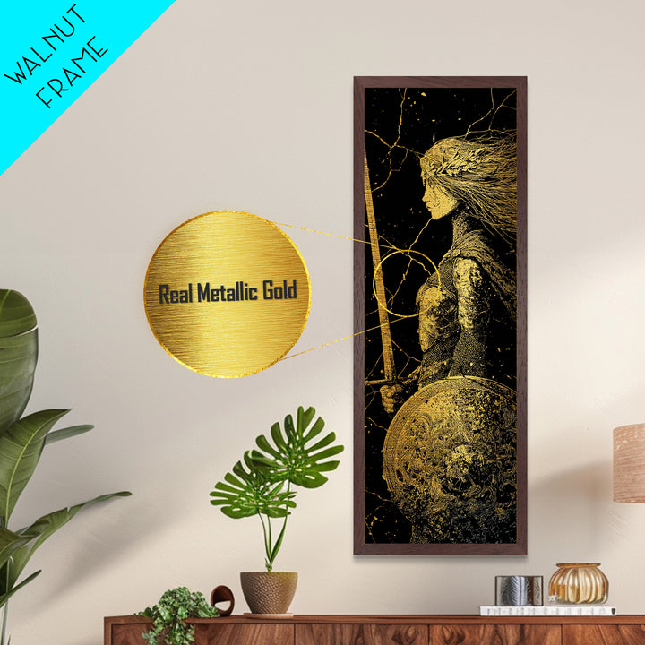 Hervor the Shieldmaiden Metallic Gold Art – Powerful Norse Warrior Metal Art for Man Cave or Office, framed with real wood