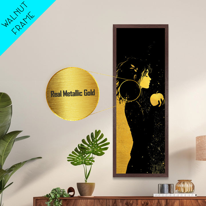Idunn with Golden Apple Metallic Gold Art – Norse Goddess Metal Art, Viking Mythology wall décor framed in natural wood