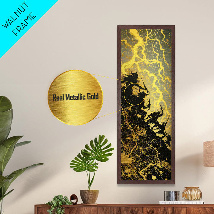 Ragnarok Metallic Gold Art, Viking Metal Art Epic Norse Mythology Battle Scene, Nordic Warrior Office Wall Decor Framed in Natural Wood