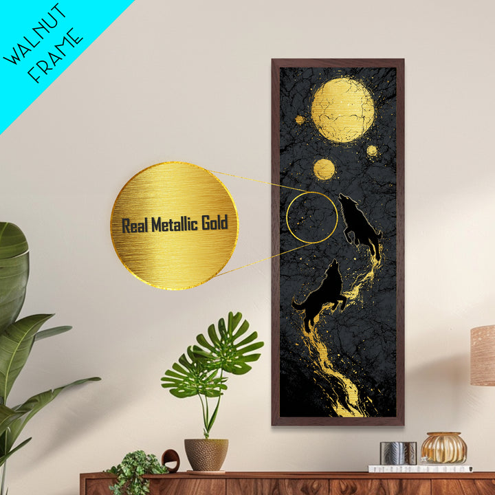 Sköll and Hati Wolves Metallic Gold Art, Viking Metal Art Norse Mythology Wall Decor, Nordic Moon Wolves Office or Man Cave in Wood Frame