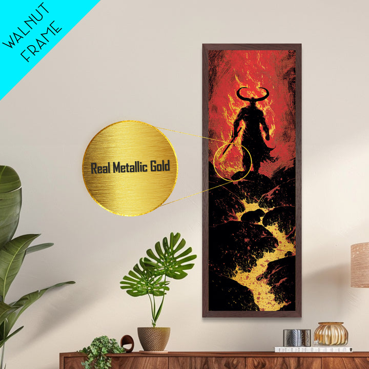 Surtur Norse Fire Giant Metallic Gold Art, Viking Metal Art Nordic Mythology Warrior Decor, Office or Dad Gift Framed in Natural Wood