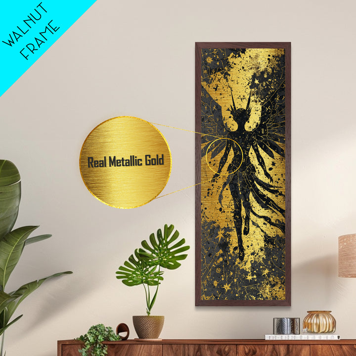 Metallic Gold Art Valkyrie Warrior Goddess, Norse Mythology Metal Art in real wood frame, Nordic office wall decor or dad gift