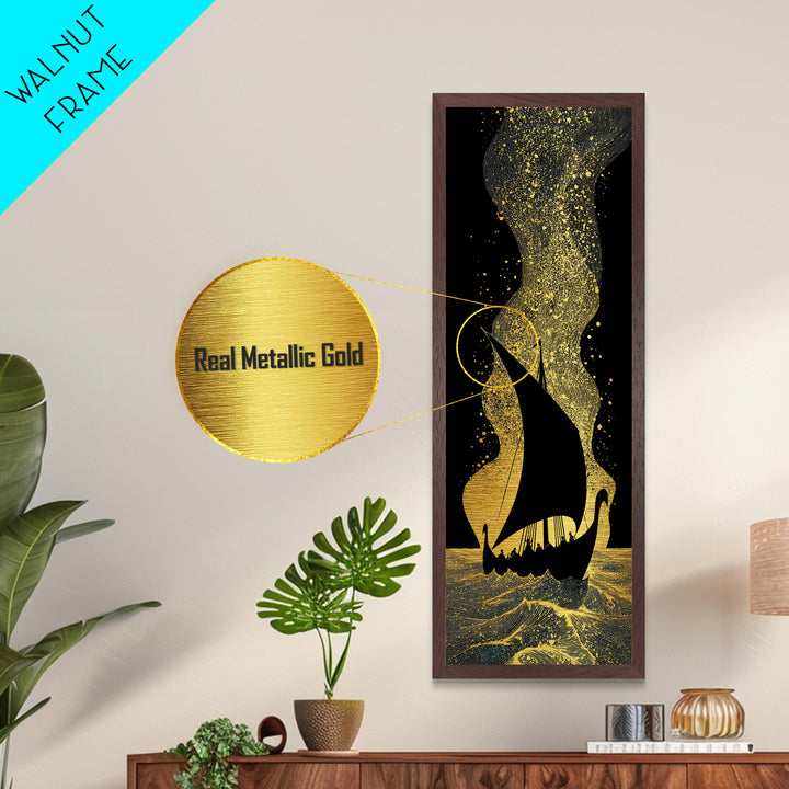 Nordic Viking Ship Metallic Gold Art, Mythology Inspired Metal Art for Office or Man Cave, framed in authentic wood craftsmanship