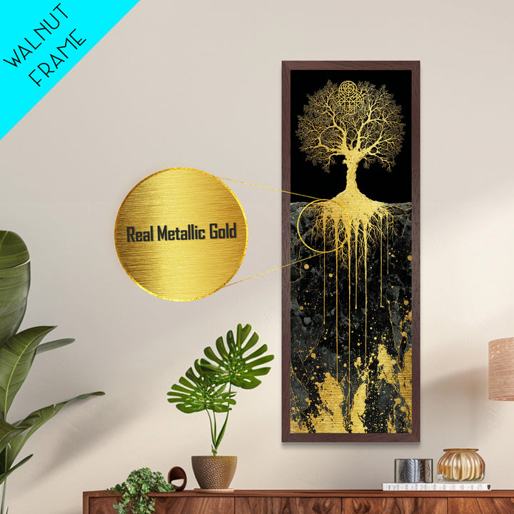 Metal Art Yggdrasil Nordic Tree of Life, Metallic Gold Art framed with real wood, Norse Mythology inspired office or dad gift wall art