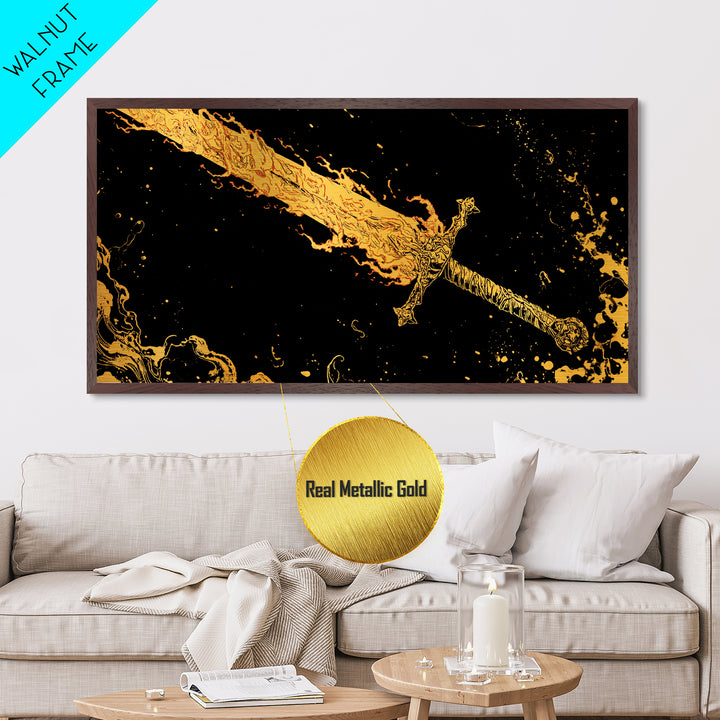 Surtur’s Flaming Sword Metallic Gold Art Metal Art Viking Wall Decor, Norse Mythology Office Gift with Real Wood Frame