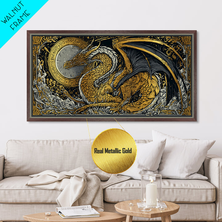 Nidhogg Dragon Metallic Gold Art Metal Art Norse Mythology Wall Decor with Real Wood Frame, Viking Man Cave or Office Gift