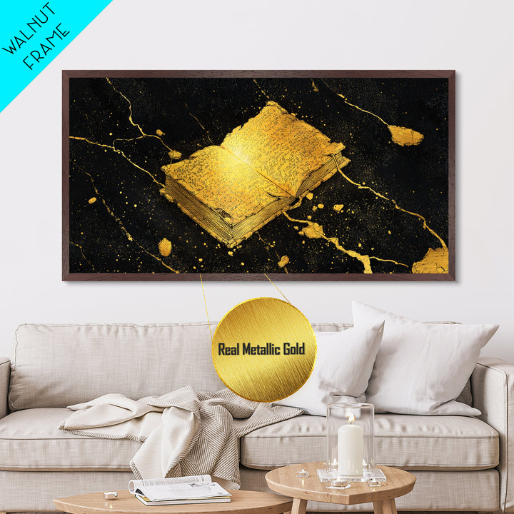 Ancient Nordic Runes Book Metallic Gold Art Metal Art with Cosmic Background, Viking Mythology Wall Decor, Real Wood Frame